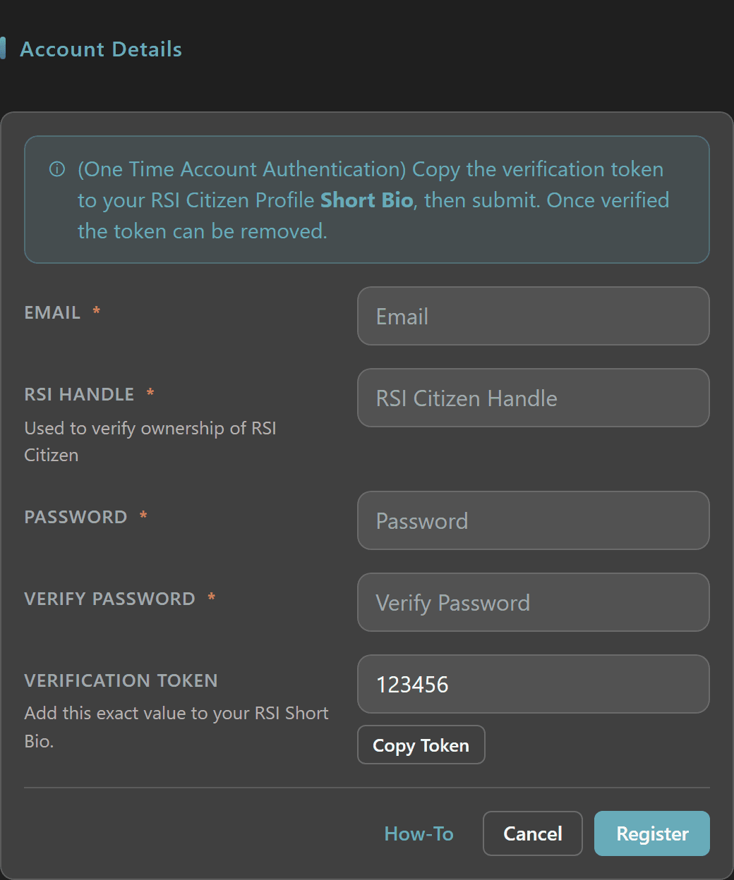 Register Account form with verification token and RSI handle fields