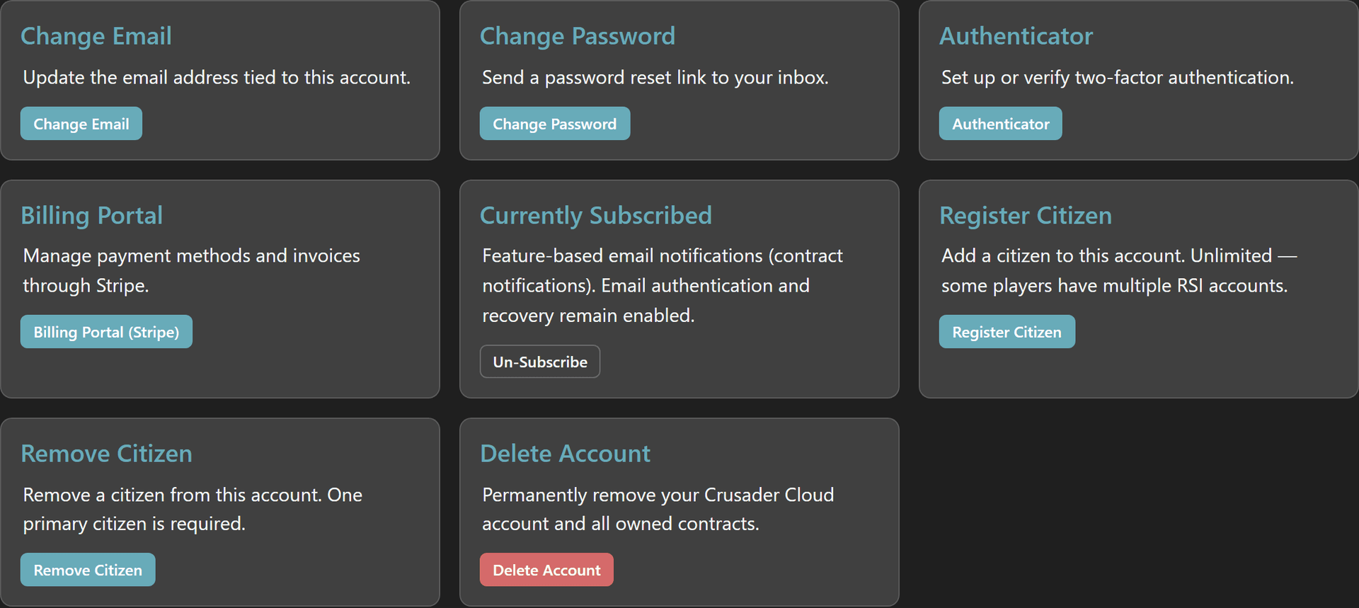 Manage Profile page with Register Citizen and Remove Citizen account-action cards