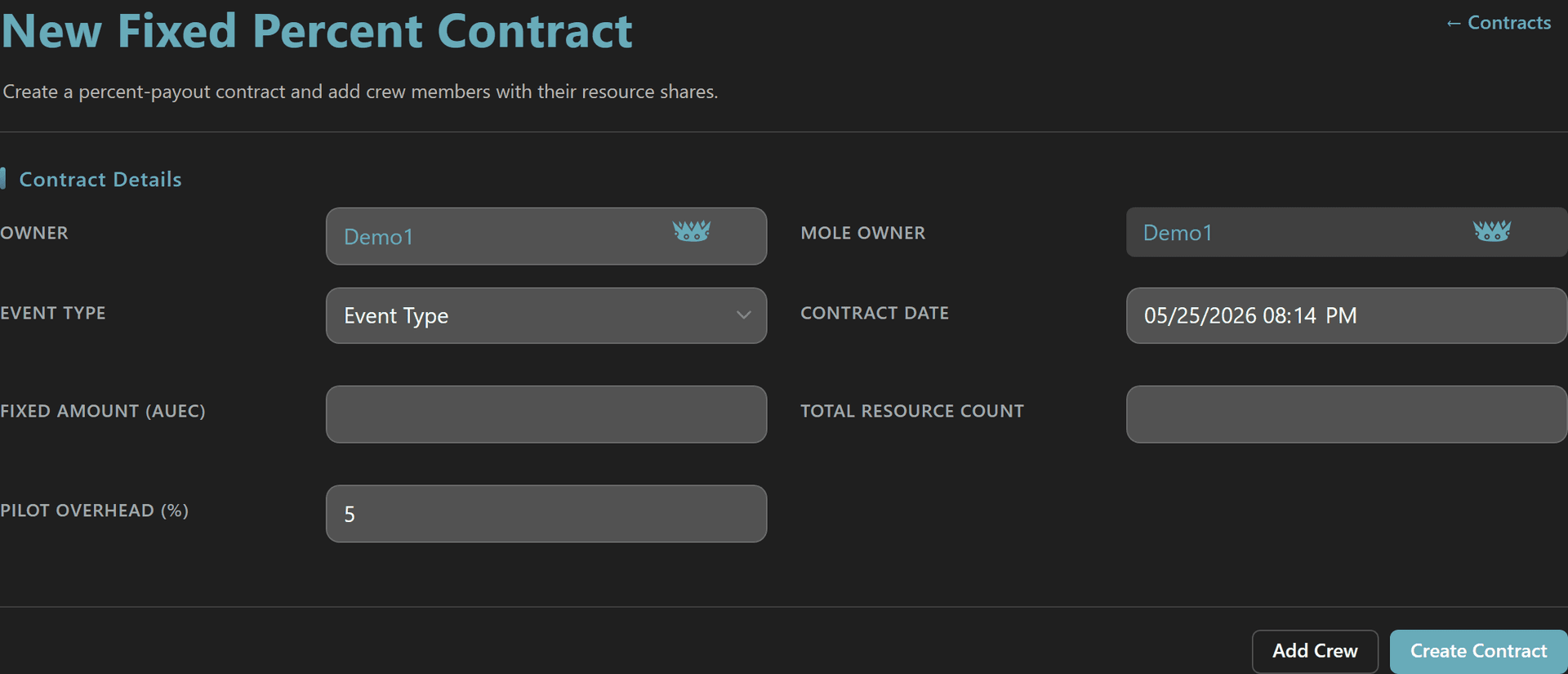 New Fixed Percent Contract form with owner, event type, total amount, and percent-based crew assignment fields