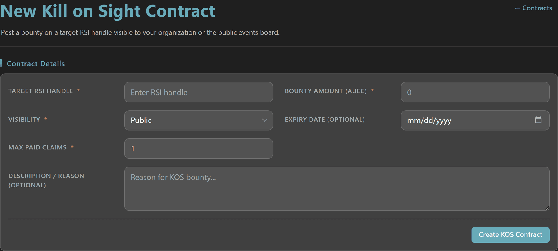 New Kill on Sight Contract form with target RSI handle, bounty amount, visibility, expiry date, max paid claims, and description fields