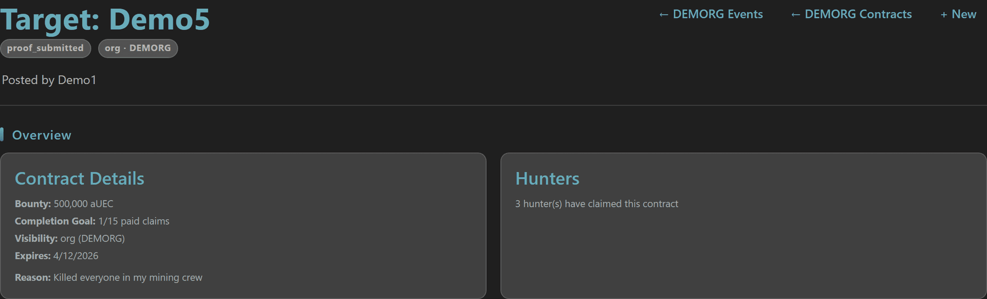KOS Contract detail header with target handle, status badge, scope badge, and Overview card showing bounty, completion goal, visibility, expiry, and reason