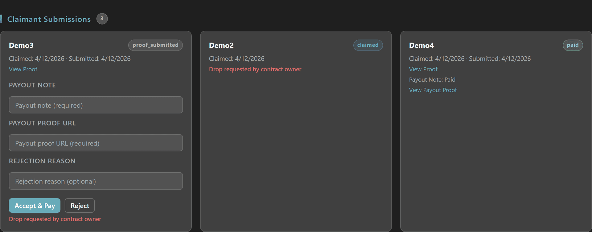 KOS Claimant Submissions section with three hunter cards in proof_submitted, claimed (drop requested), and paid states plus owner Accept & Pay / Reject controls
