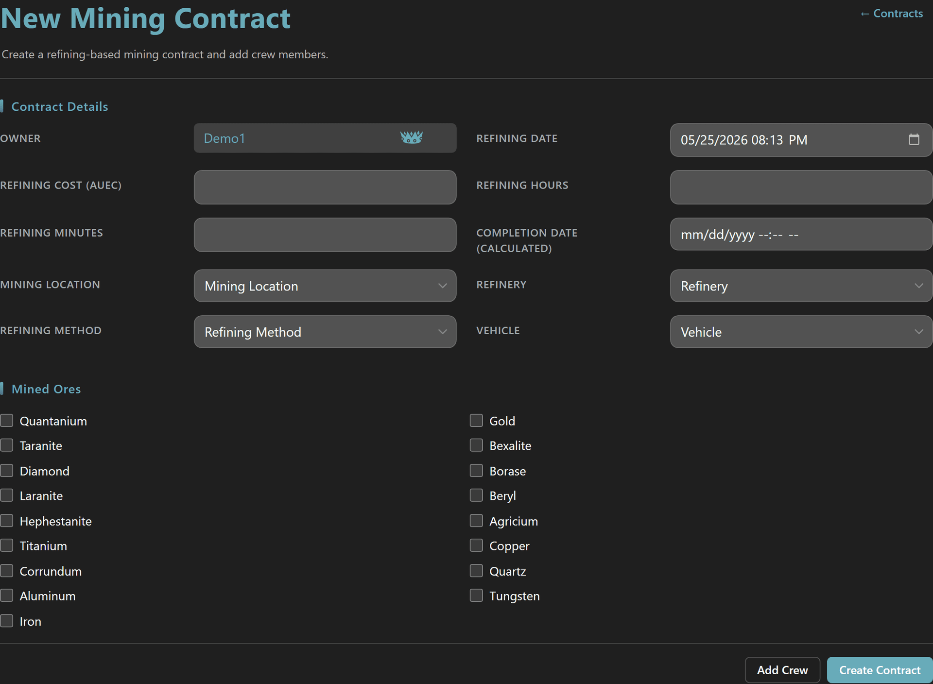 New Mining Contract form with owner, refining details, vehicle, and the full Mined Ores checkbox grid