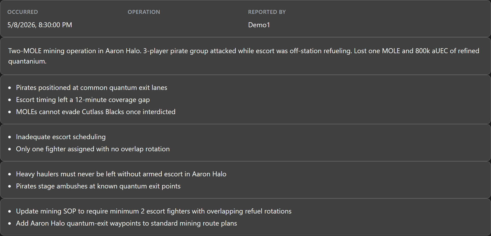AAR detail body showing occurrence metadata, summary, observations, root causes, lessons learned, and action items for the Quantanium Run ambush