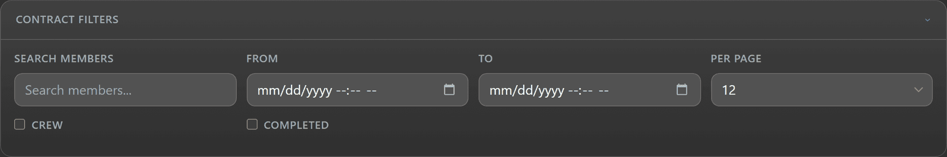Org contract filter panel with member search, date range, and crew/completed toggles