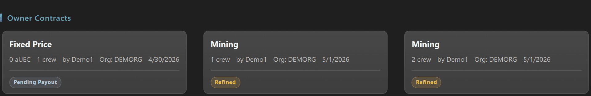Owner Contracts section with Complete Batch toggle and contract cards showing Pending Payout and Refined statuses