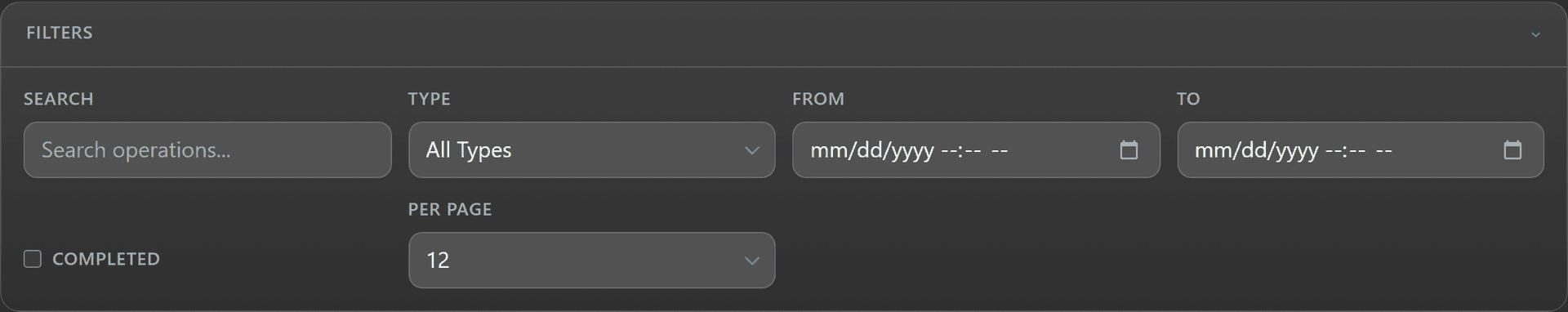Org Operations filter panel expanded with search, type, date range, completion, and per-page controls