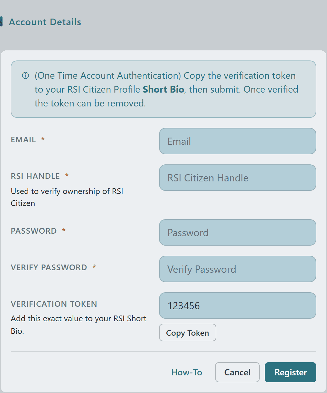 Register Account form with verification token and RSI handle fields