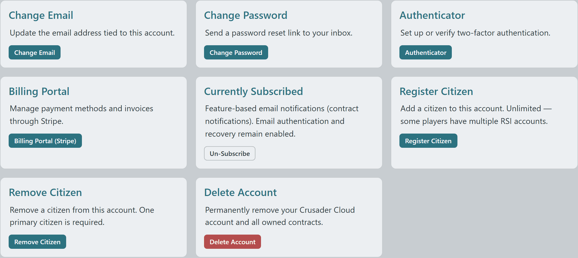 Manage Profile page with Register Citizen and Remove Citizen account-action cards
