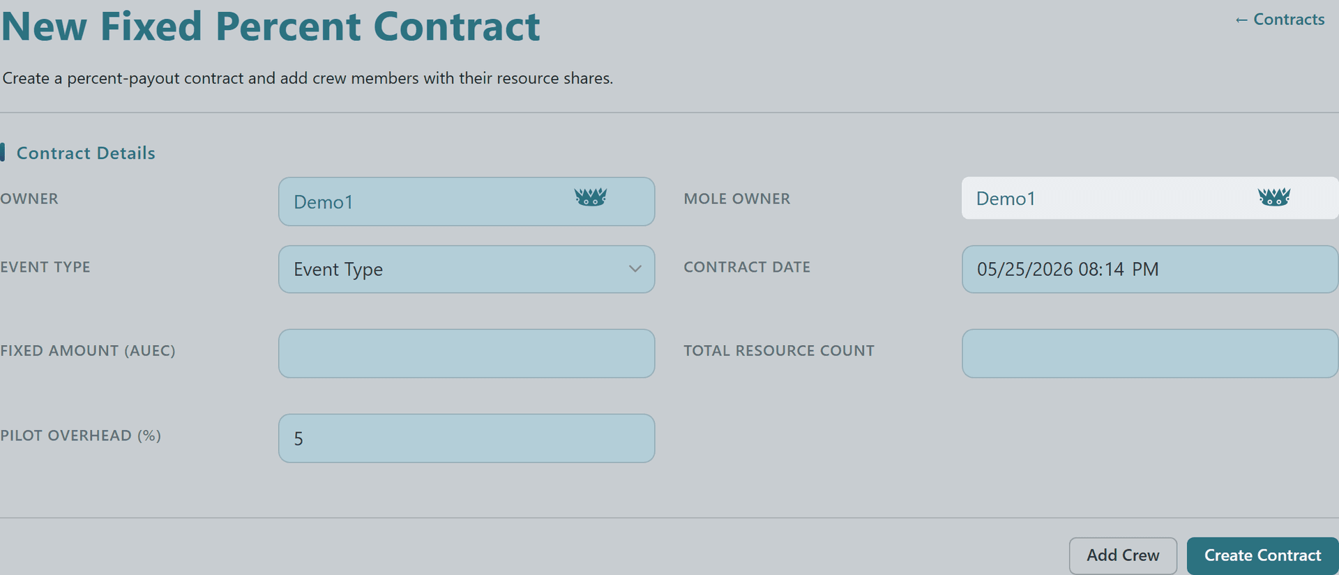 New Fixed Percent Contract form with owner, event type, total amount, and percent-based crew assignment fields
