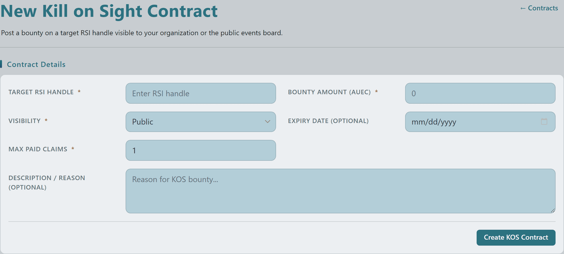 New Kill on Sight Contract form with target RSI handle, bounty amount, visibility, expiry date, max paid claims, and description fields