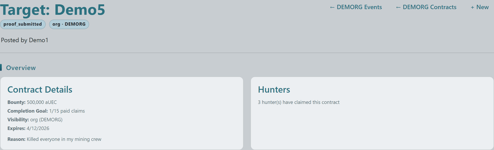 KOS Contract detail header with target handle, status badge, scope badge, and Overview card showing bounty, completion goal, visibility, expiry, and reason