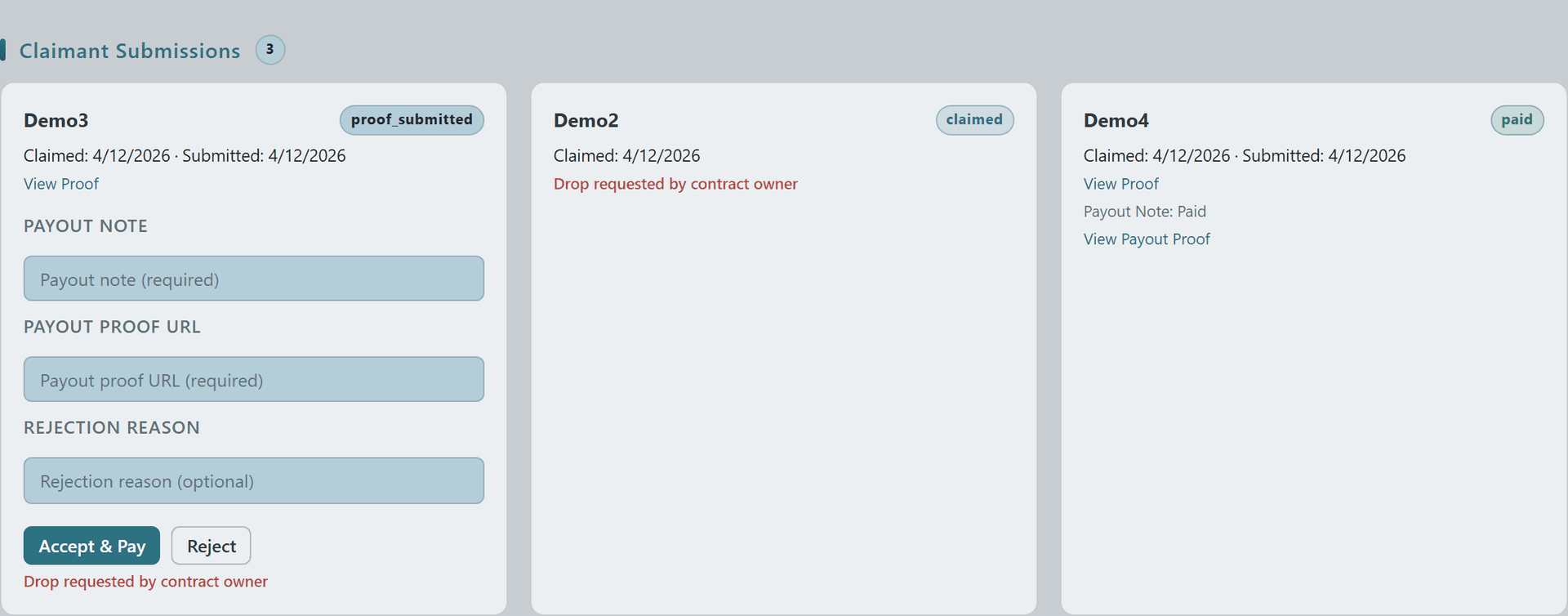 KOS Claimant Submissions section with three hunter cards in proof_submitted, claimed (drop requested), and paid states plus owner Accept & Pay / Reject controls