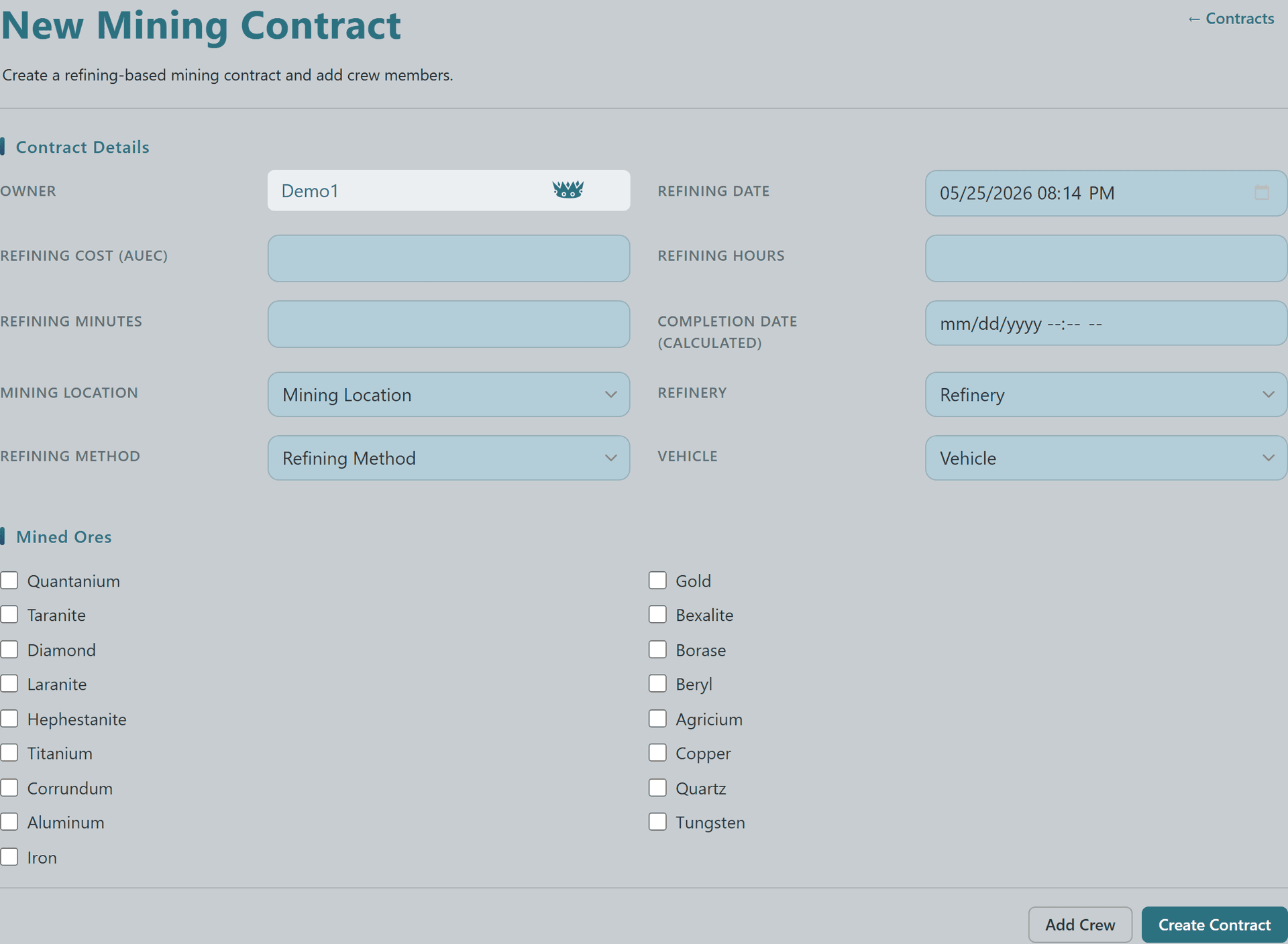 New Mining Contract form with owner, refining details, vehicle, and the full Mined Ores checkbox grid