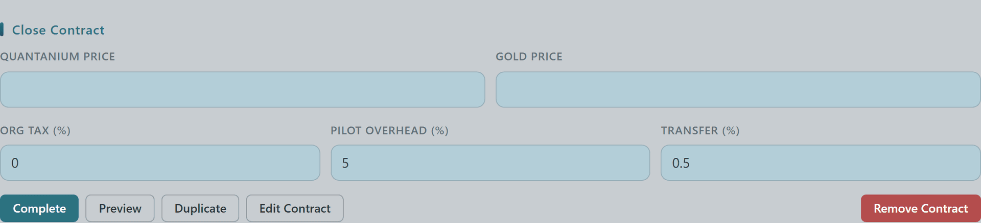 Close Contract form with per-ore price inputs and Org Tax / Pilot Overhead / Transfer percent fields plus Complete and Preview actions