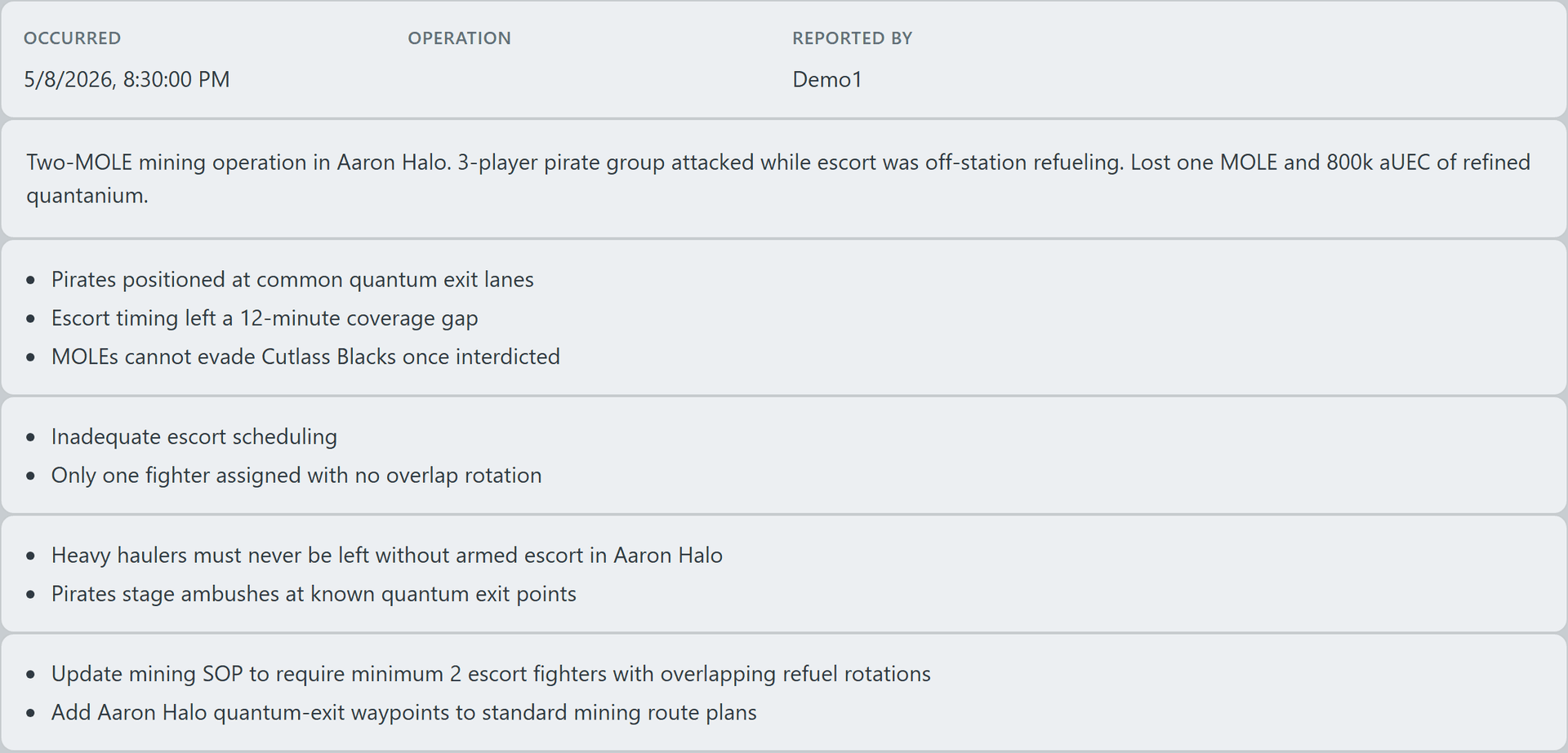 AAR detail body showing occurrence metadata, summary, observations, root causes, lessons learned, and action items for the Quantanium Run ambush
