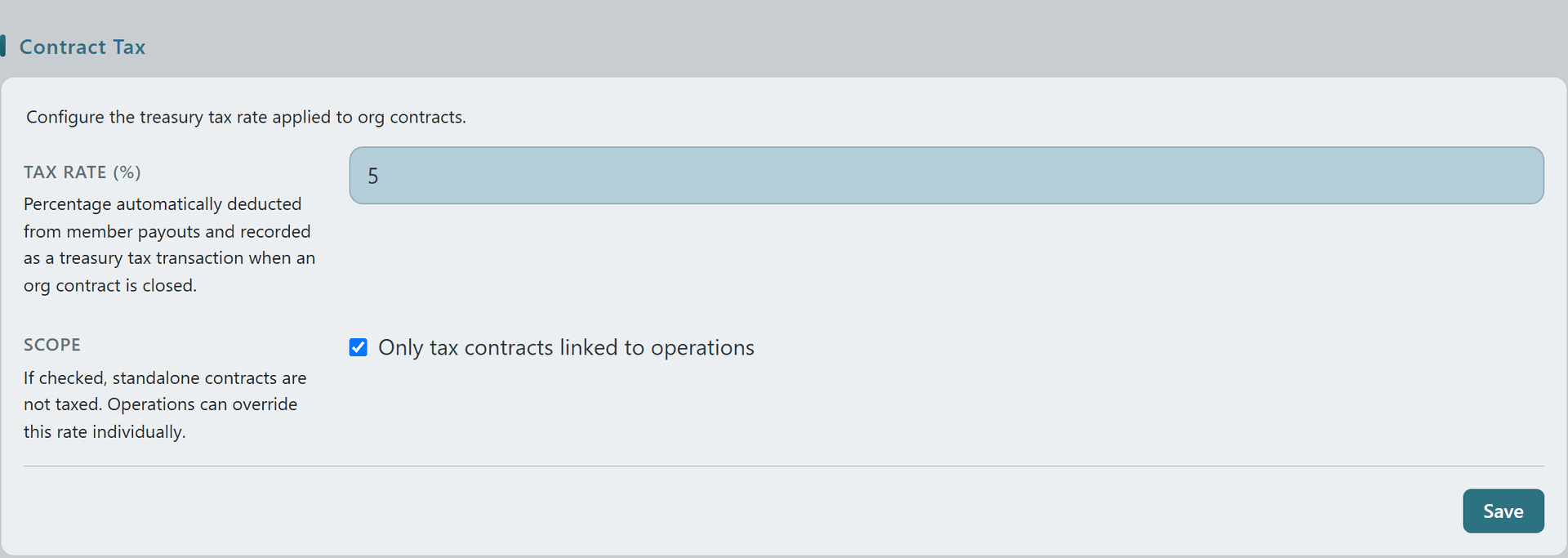 Contract Tax section with tax rate input and Tax Only Operations toggle