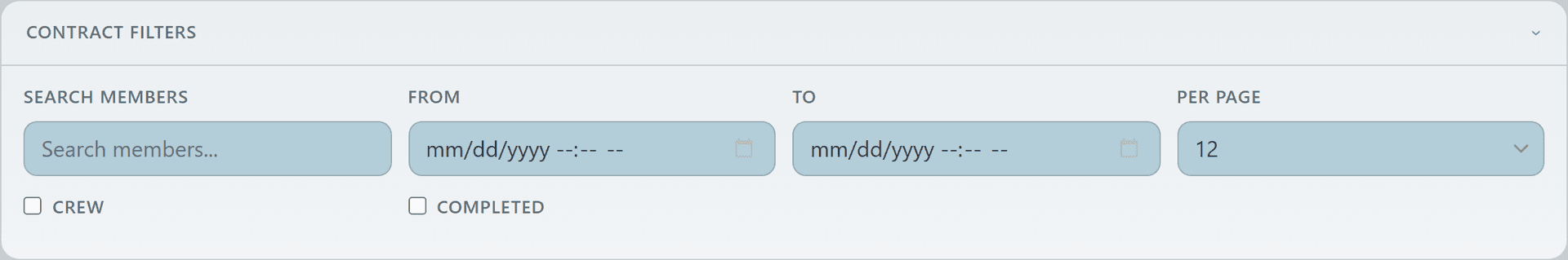 Org contract filter panel with member search, date range, and crew/completed toggles