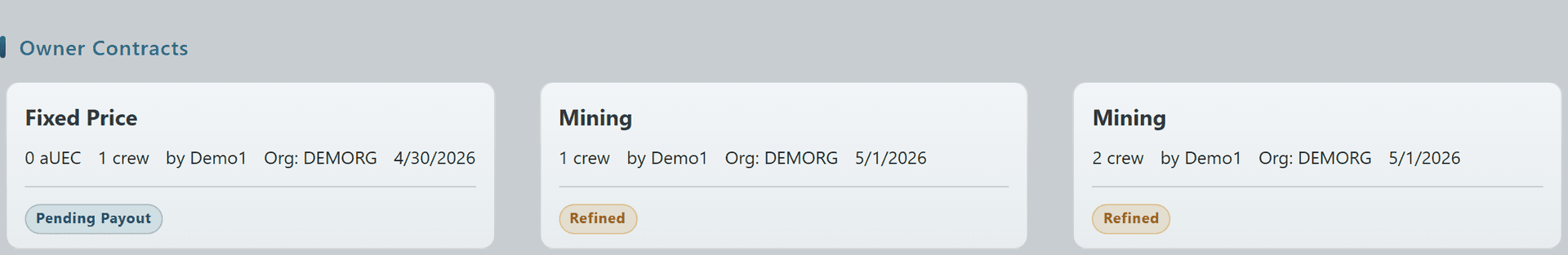 Owner Contracts section with Complete Batch toggle and contract cards showing Pending Payout and Refined statuses
