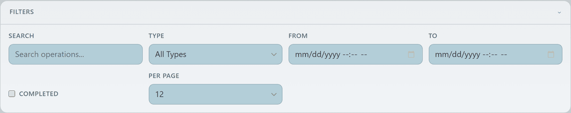 Org Operations filter panel expanded with search, type, date range, completion, and per-page controls