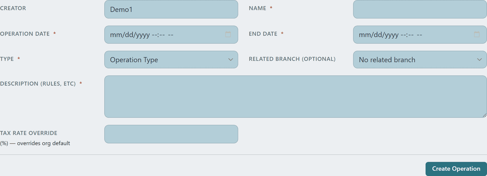 New Operation form with creator, name, dates, type, branch, and tax-rate-override fields