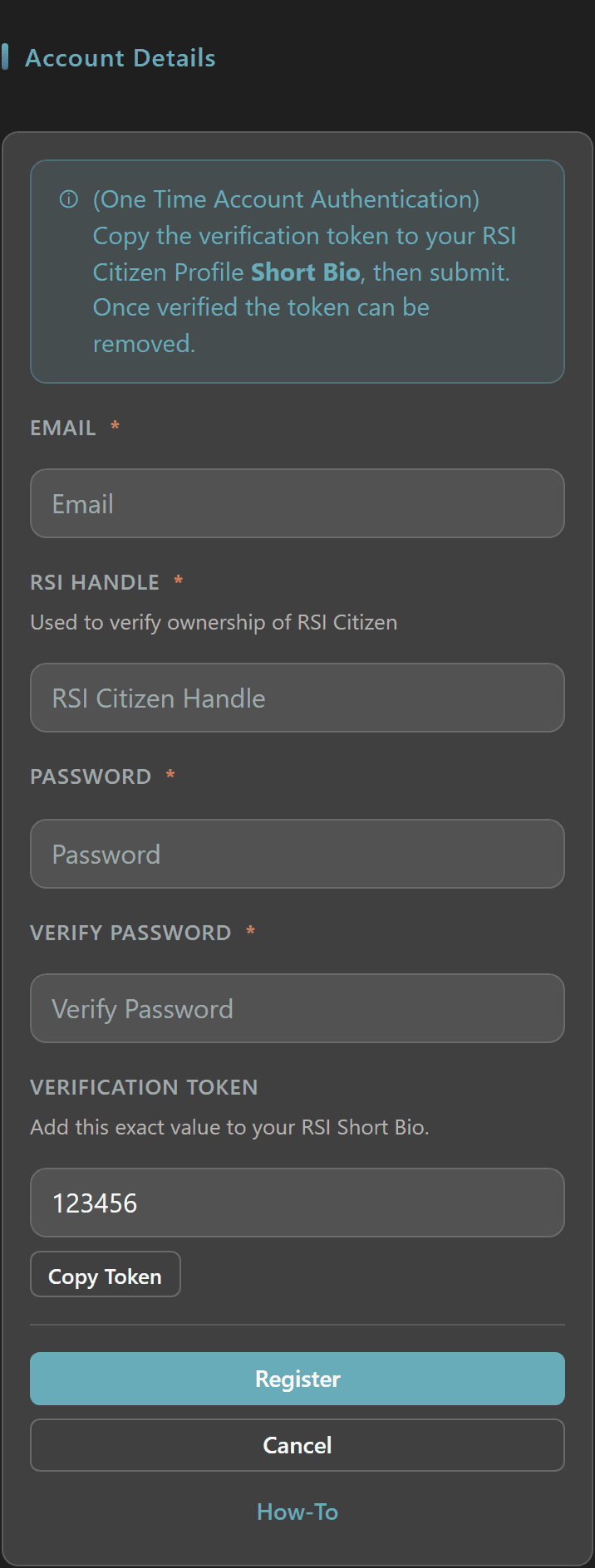 Register Account form with verification token and RSI handle fields