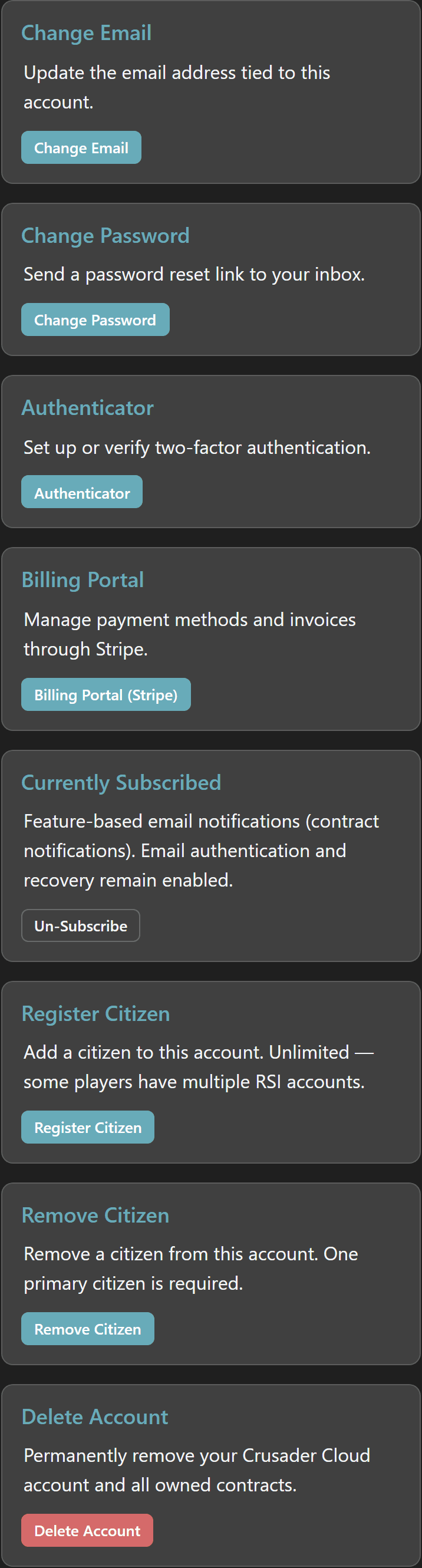 Manage Profile page with Register Citizen and Remove Citizen account-action cards