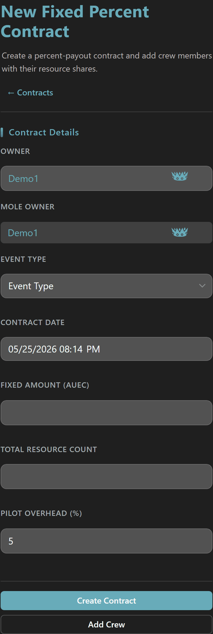 New Fixed Percent Contract form with owner, event type, total amount, and percent-based crew assignment fields