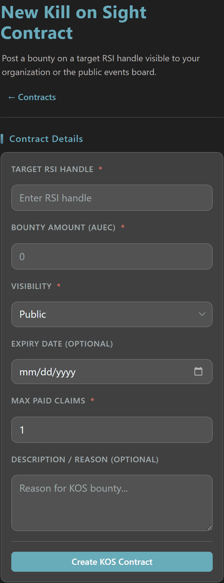 New Kill on Sight Contract form with target RSI handle, bounty amount, visibility, expiry date, max paid claims, and description fields
