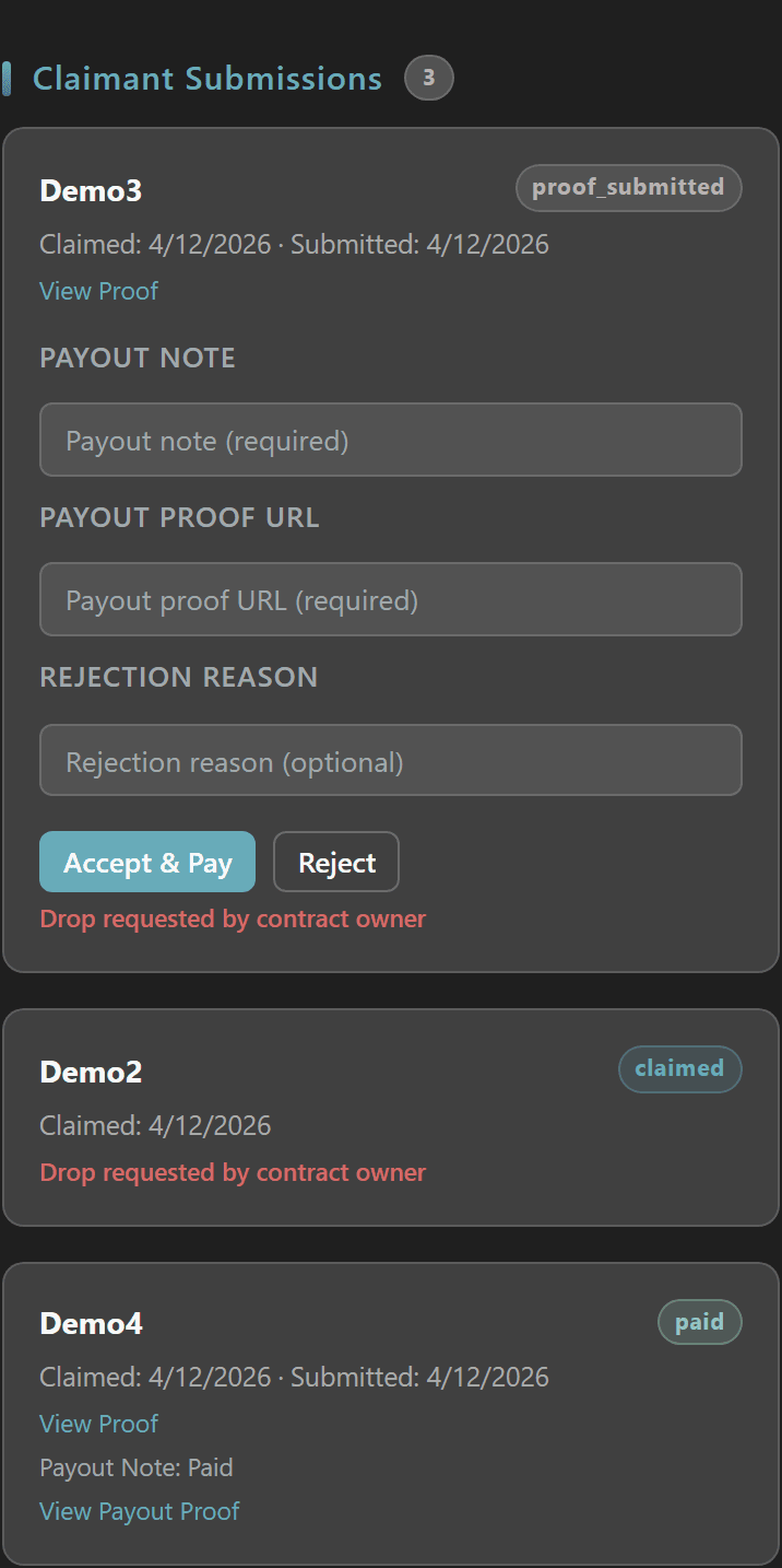 KOS Claimant Submissions section with three hunter cards in proof_submitted, claimed (drop requested), and paid states plus owner Accept & Pay / Reject controls