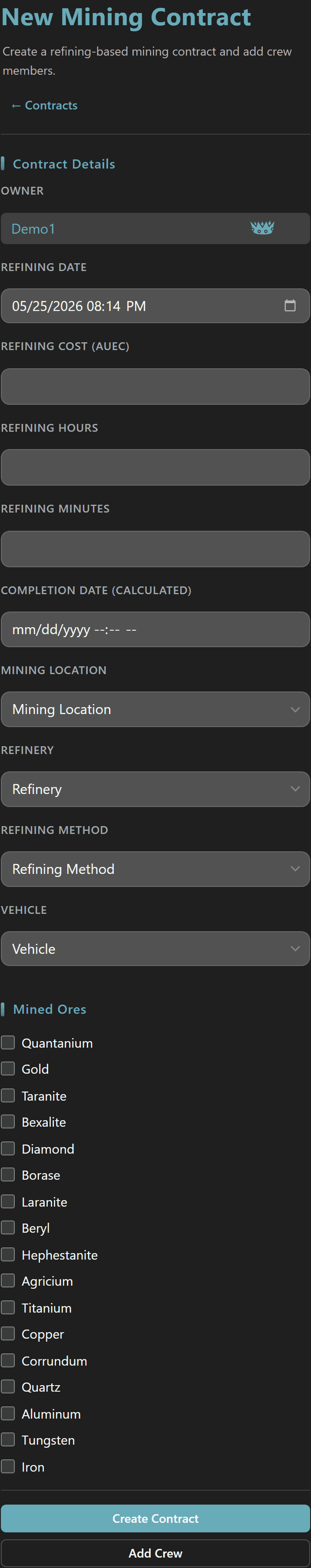 New Mining Contract form with owner, refining details, vehicle, and the full Mined Ores checkbox grid