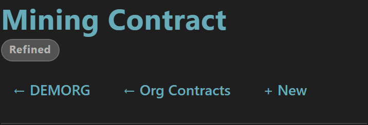 Mining Contract detail page header with Refined status badge and Org Contracts breadcrumb