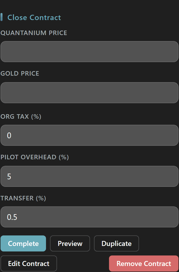 Close Contract form with per-ore price inputs and Org Tax / Pilot Overhead / Transfer percent fields plus Complete and Preview actions