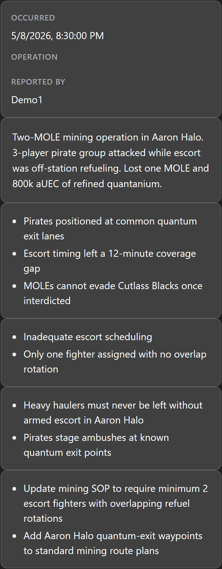 AAR detail body showing occurrence metadata, summary, observations, root causes, lessons learned, and action items for the Quantanium Run ambush