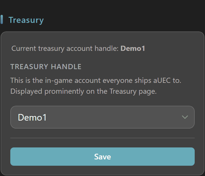 Org Admin Treasury section with handle selector card and current treasury handle label