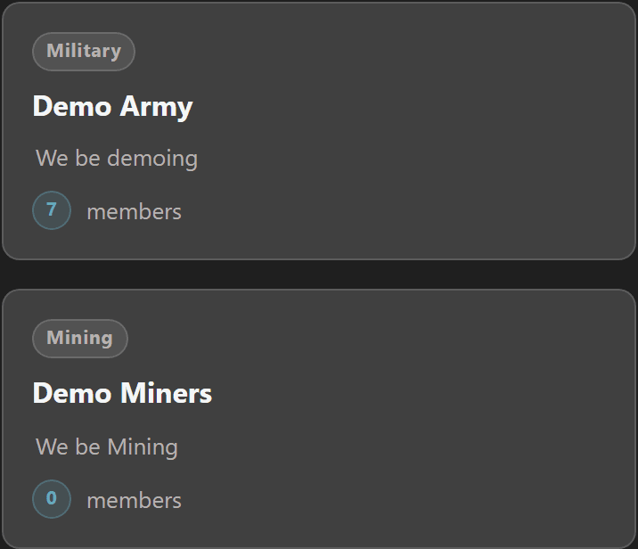 Branches list showing each branch as a card with its type and member count