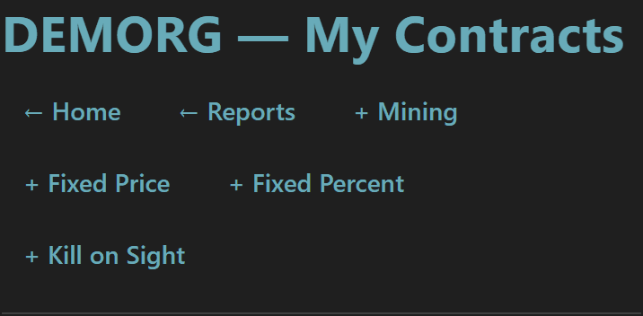 Org contracts header with create buttons for Mining, Fixed Price, Fixed Percent, and Kill on Sight