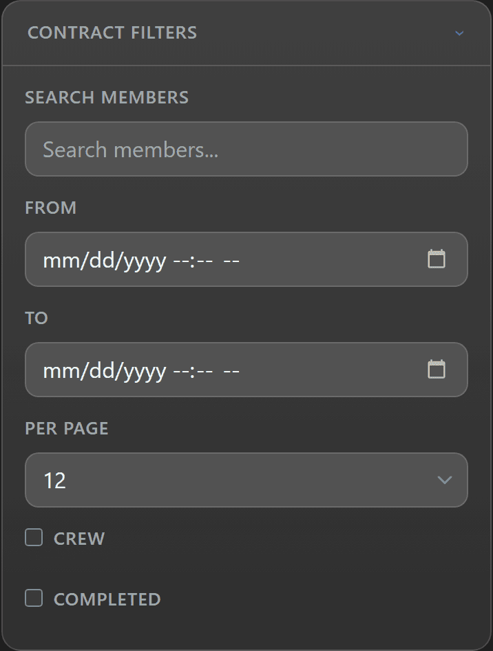 Org contract filter panel with member search, date range, and crew/completed toggles