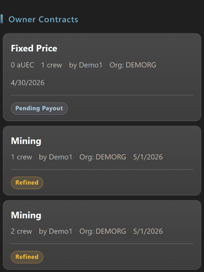 Owner Contracts section with Complete Batch toggle and contract cards showing Pending Payout and Refined statuses