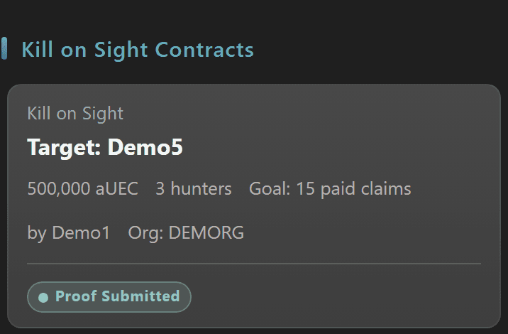 Kill on Sight contracts section with target, bounty amount, hunter count, and proof-submitted status