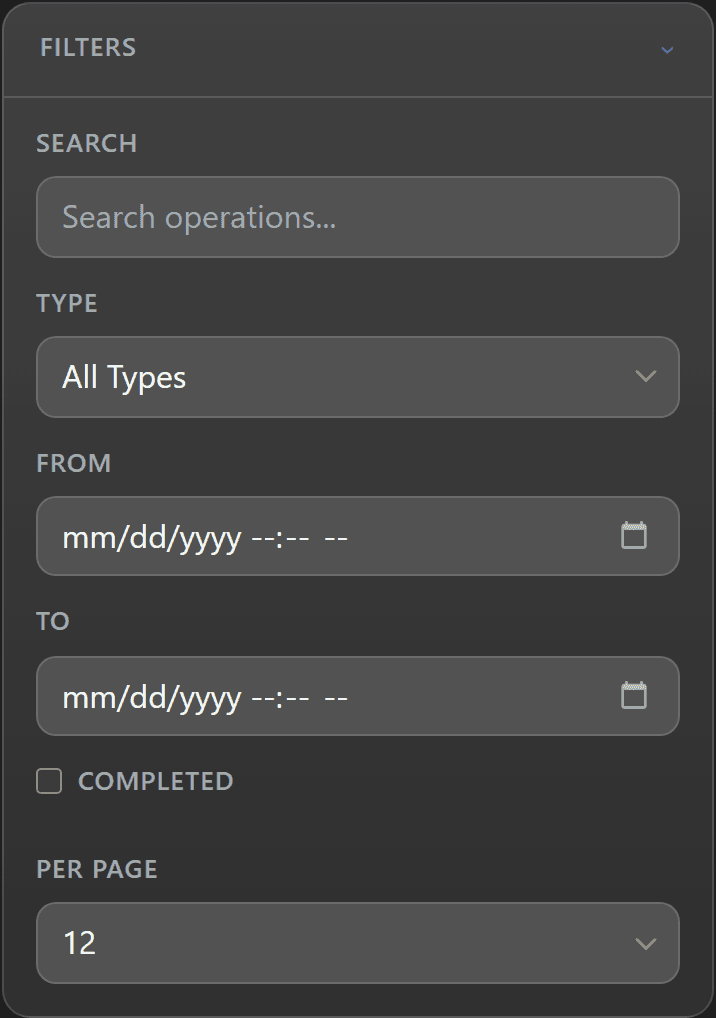 Org Operations filter panel expanded with search, type, date range, completion, and per-page controls