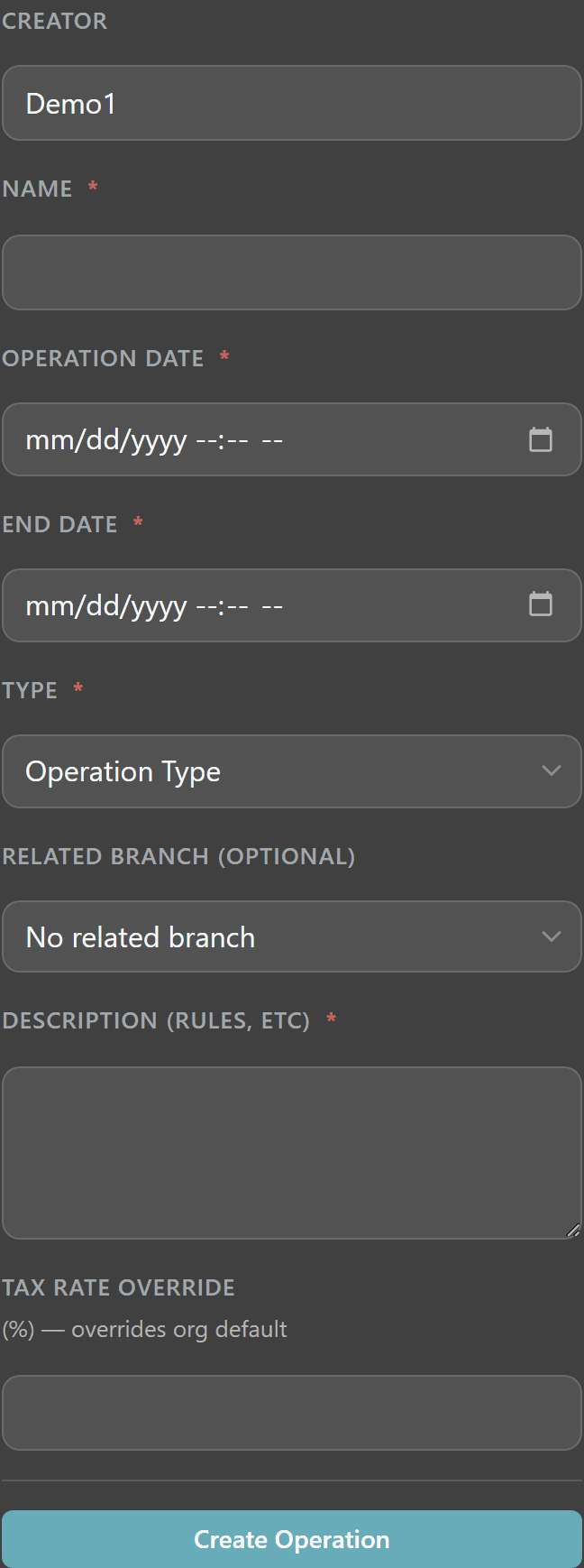 New Operation form with creator, name, dates, type, branch, and tax-rate-override fields