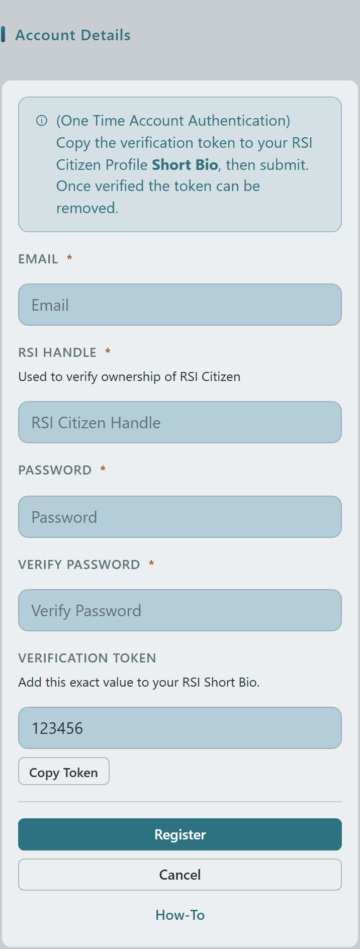 Register Account form with verification token and RSI handle fields