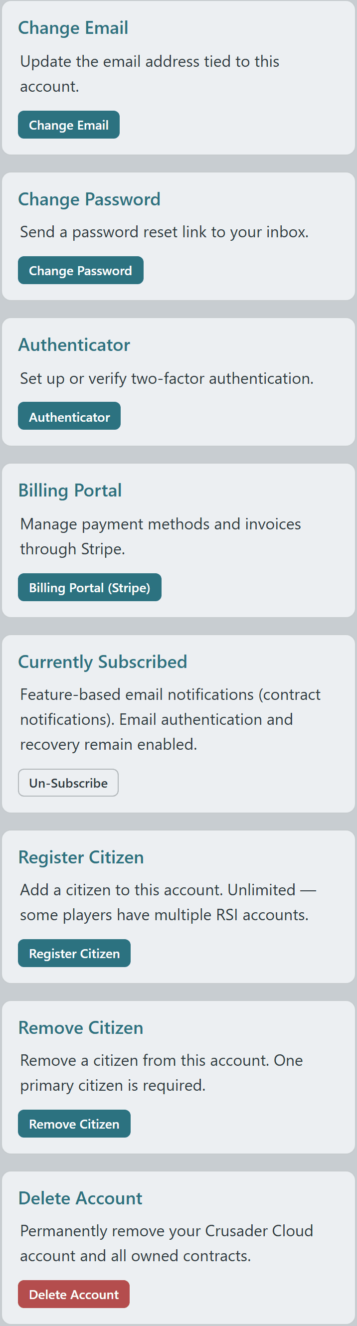 Manage Profile page with Register Citizen and Remove Citizen account-action cards