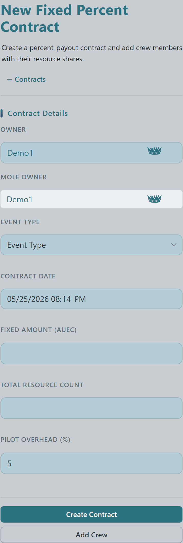 New Fixed Percent Contract form with owner, event type, total amount, and percent-based crew assignment fields