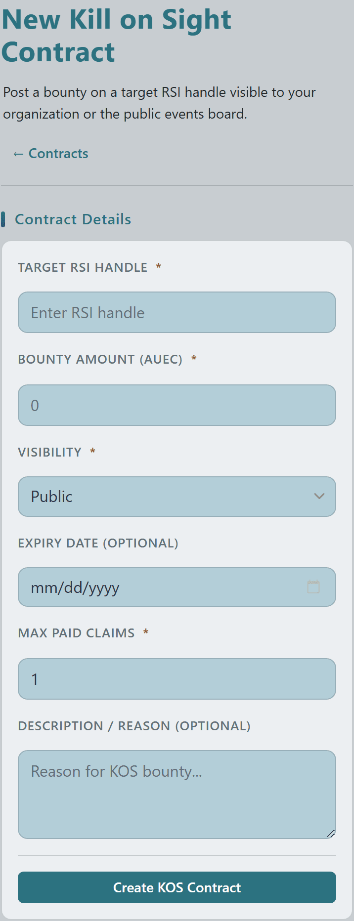 New Kill on Sight Contract form with target RSI handle, bounty amount, visibility, expiry date, max paid claims, and description fields