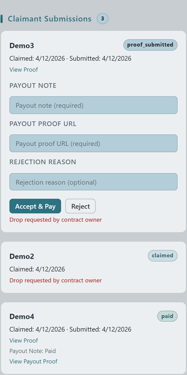 KOS Claimant Submissions section with three hunter cards in proof_submitted, claimed (drop requested), and paid states plus owner Accept & Pay / Reject controls