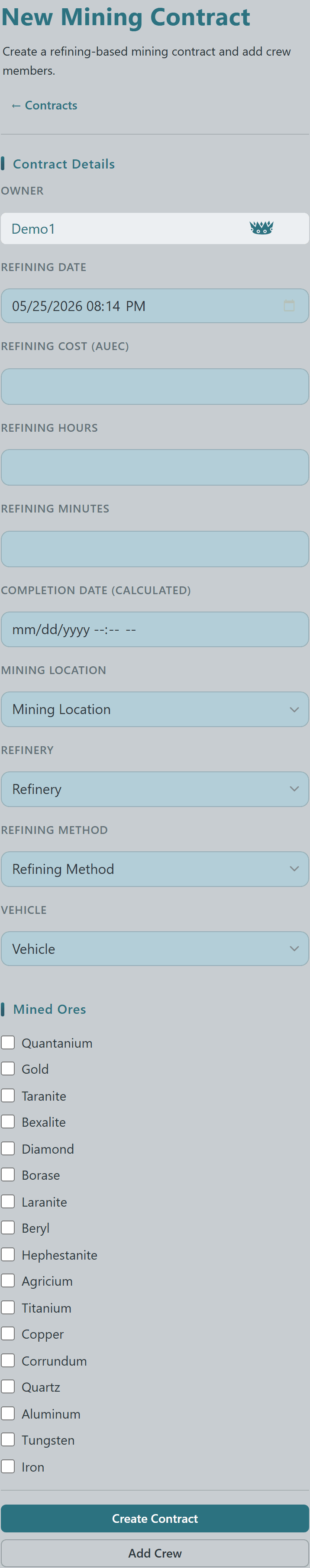 New Mining Contract form with owner, refining details, vehicle, and the full Mined Ores checkbox grid
