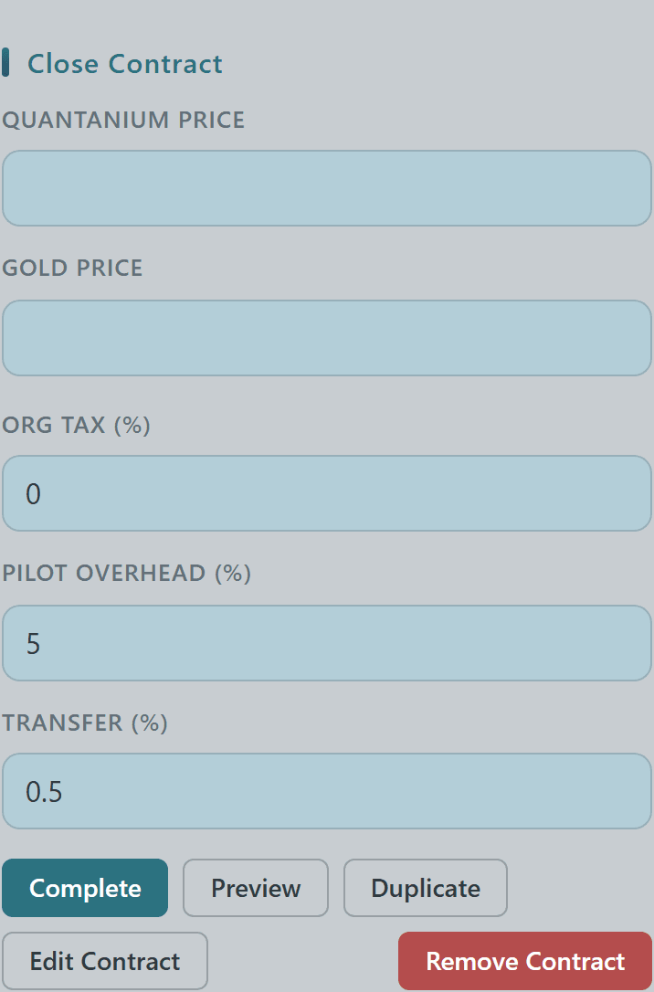 Close Contract form with per-ore price inputs and Org Tax / Pilot Overhead / Transfer percent fields plus Complete and Preview actions