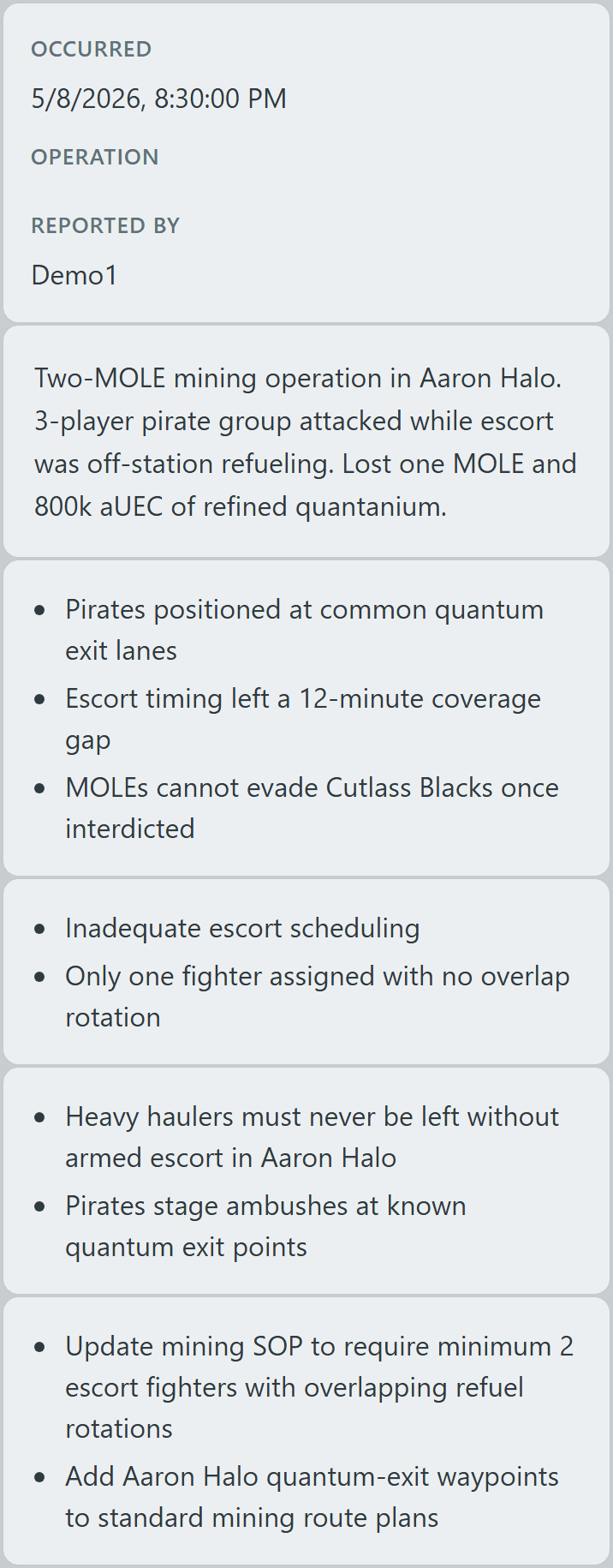 AAR detail body showing occurrence metadata, summary, observations, root causes, lessons learned, and action items for the Quantanium Run ambush